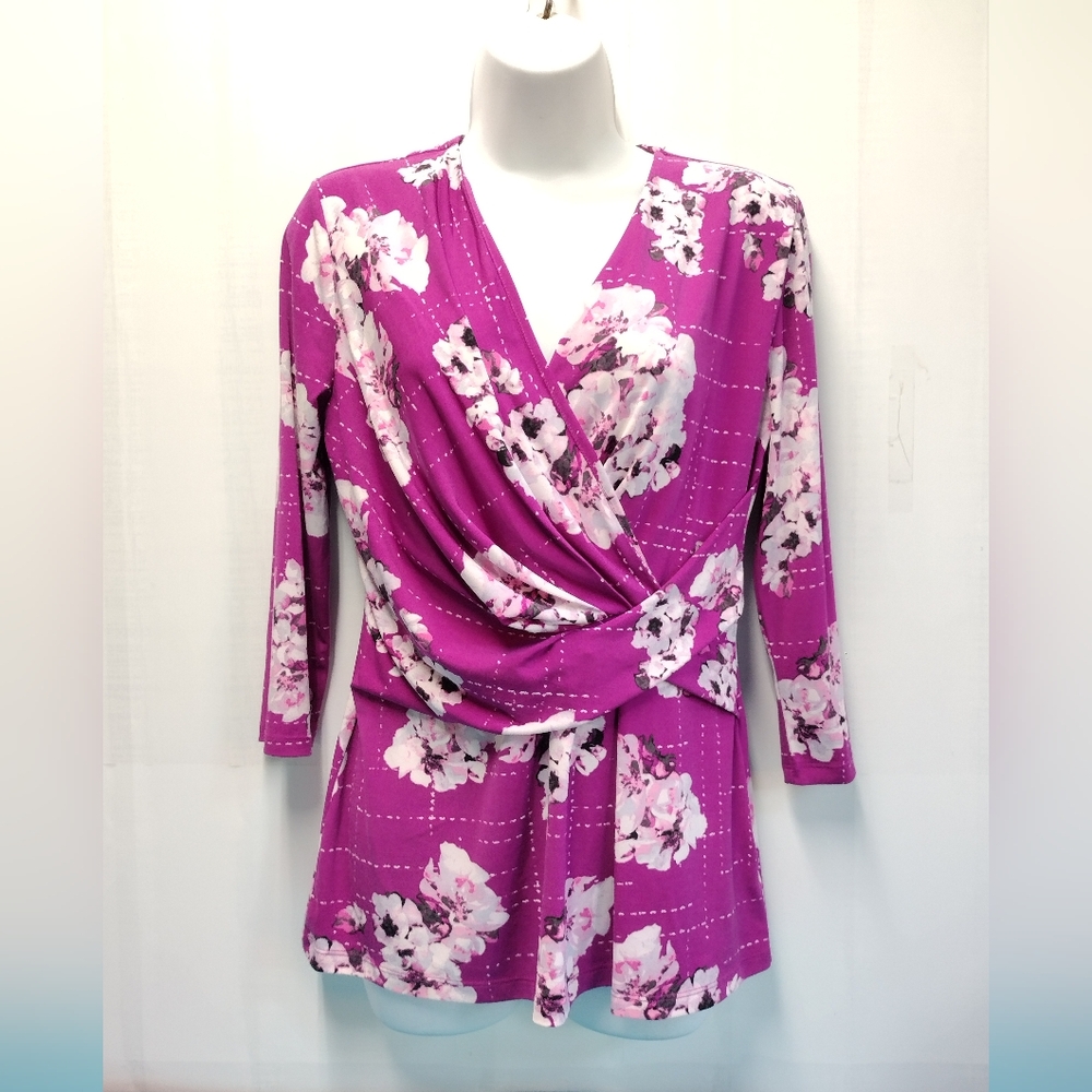Ellen Tracy Women's Floral Crossover Front 3/4 Sleeve Pullover Top M